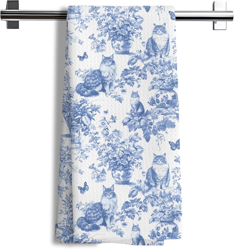 Nipil Chinoiserie Floral Maine Coon Kitchen Towels,Blue and White Cat Decor Kitchen Dish Tea Towels Bathroom Gifts for cat Lovers Women Men,16x24 Inch - Image 1